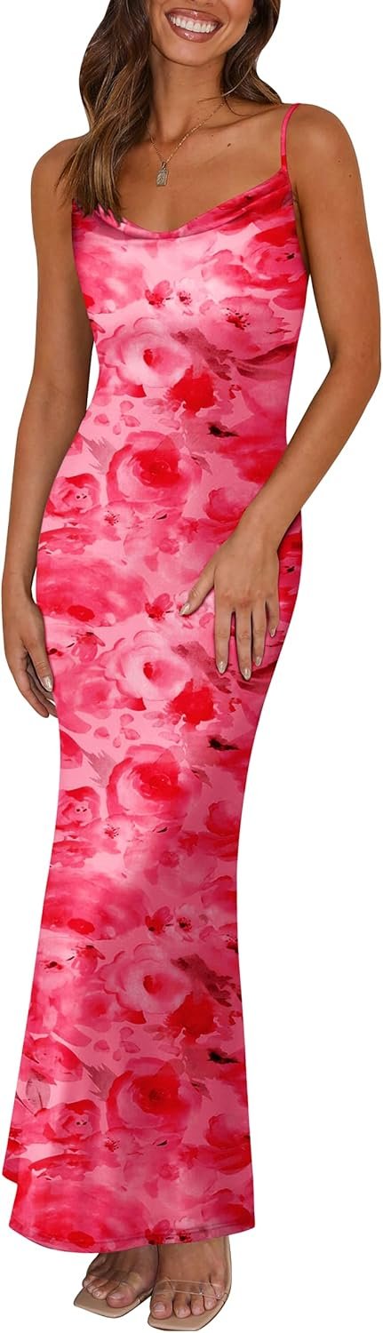 Saonta  Women's 2024 Summer Floral Spaghetti Strap Maxi Dress Stretch Sexy Bodycon Dress Backless Slip Long Dresses