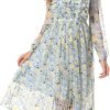 Saonta  Women Floral Print V Neck Long Sleeves Ruffles Pleated Chiffon Flowy Swing Midi Dress