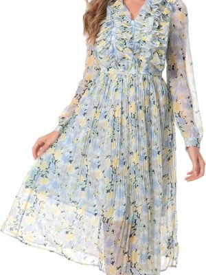 Saonta  Women Floral Print V Neck Long Sleeves Ruffles Pleated Chiffon Flowy Swing Midi Dress