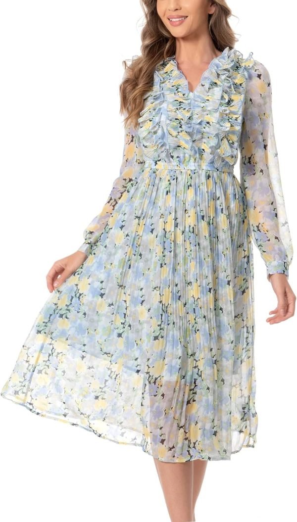 Saonta  Women Floral Print V Neck Long Sleeves Ruffles Pleated Chiffon Flowy Swing Midi Dress