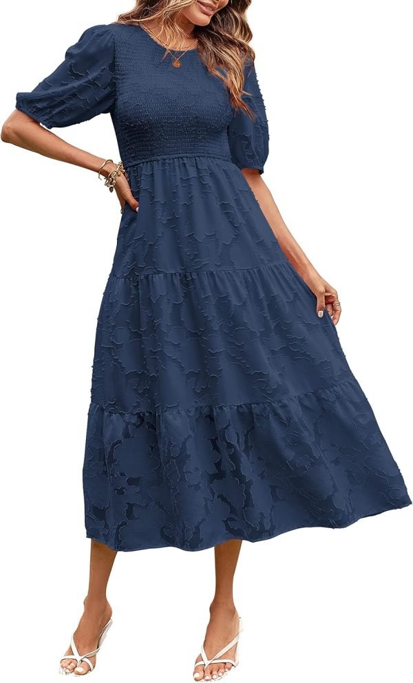 Saonta  Women's 2024 Summer Puff Sleeve Smocked Floral Dress Crewneck Lace Flowy Tiered Midi Dresses