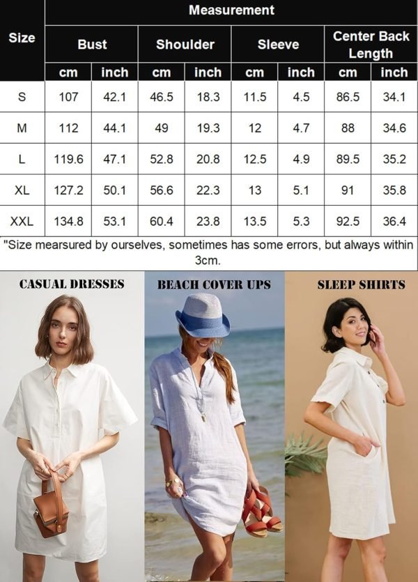 Saonta  Womens Cotton Shirt Dress Summer Casual Short Sleeve Button Down Beach Cover Up Shirts with Pockets
