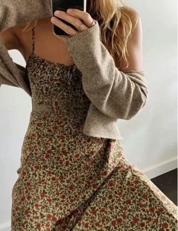 Saonta  Women's Floral Dress Low-Cut Square Neck Spaghetti Strap Tie Bodycorn Dresses