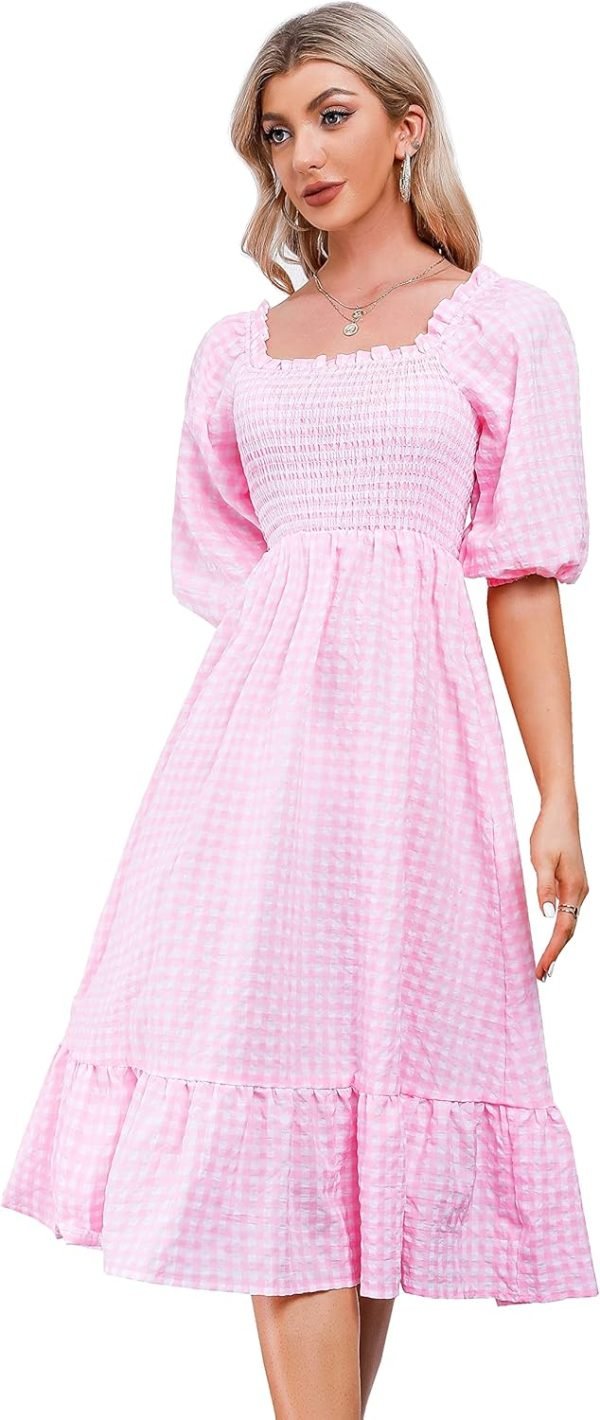 Saonta  Women's Summer Cotton Puff Sleeves Casual Vintage Polka Dots Print Off Shoulder Midi Dress