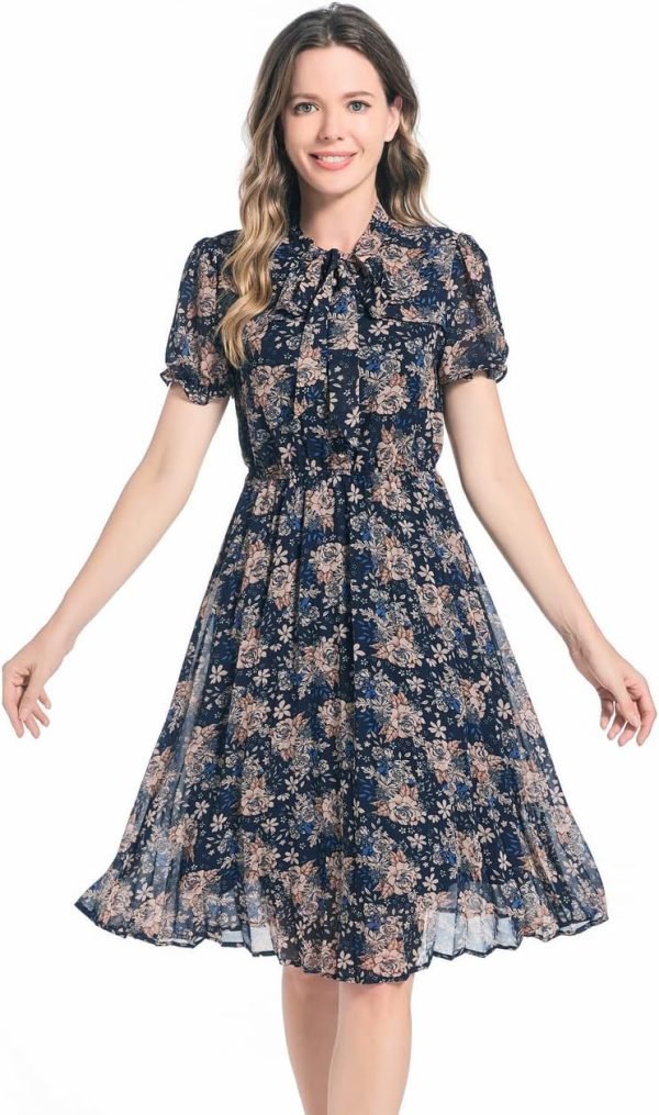 Saonta  Work Dresses for Women 2023 Long Sleeves Chiffon Black Dress Retro Pleated Buttons Down Bow Tie Loose Causal Dresses