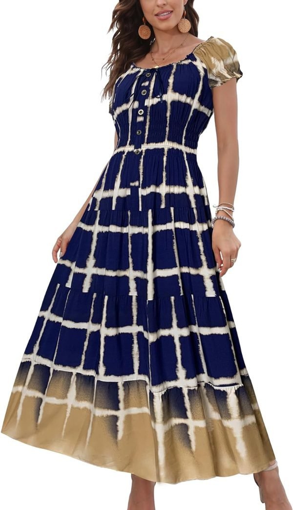 Saonta  Women's 2024 Summer Short Sleeves Boho Floral Print Tiered Casual Flowy Long Maxi Dress