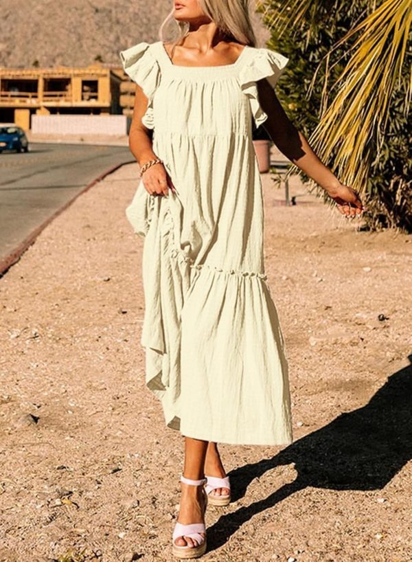 Saonta  Women's 2024 Spring Summer Square Collar Dress Off Shoulder Style Elegant Ruffle Hemline Skirt Mini Dresses S-XL