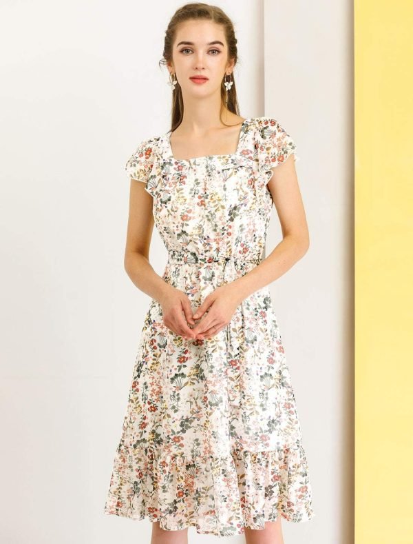 Saonta  K Women's Floral Chiffon Flutter Sleeve Belted Square Neck Ruffled Hem Dress