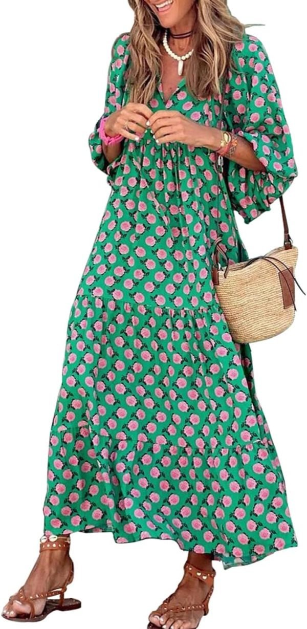 Saonta  Womens Loose Fit Casual Summer V Neck Half Sleeve Bohemian Geometric Pattern Maxi Long Dresses
