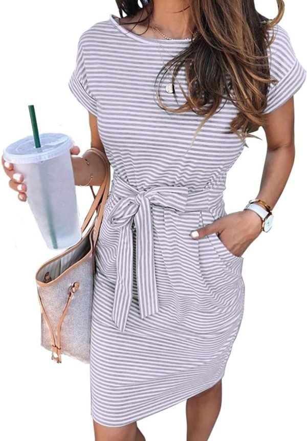 Saonta  Women's Summer Striped Short Sleeve T Shirt Dress Casual Tie Waist with Pockets