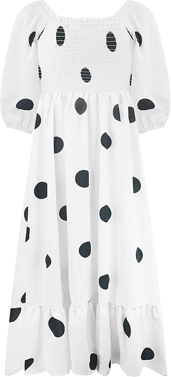 Saonta  Women's Summer Cotton Puff Sleeves Casual Vintage Polka Dots Print Off Shoulder Midi Dress