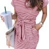 Saonta  Women's Summer Striped Short Sleeve T Shirt Dress Casual Tie Waist with Pockets