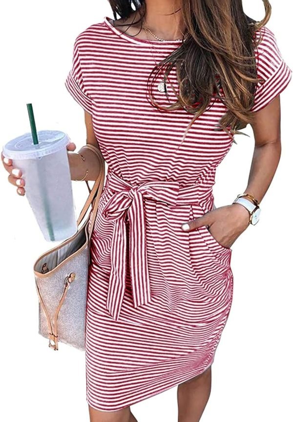 Saonta  Women's Summer Striped Short Sleeve T Shirt Dress Casual Tie Waist with Pockets