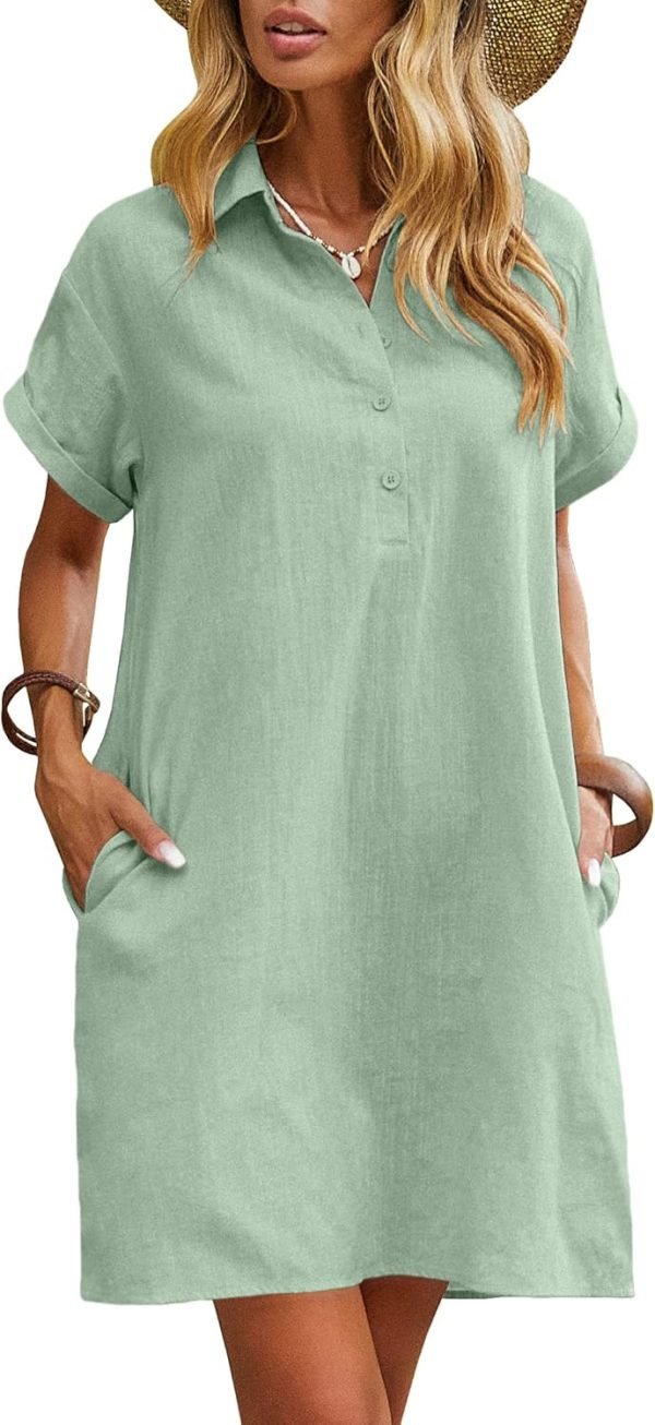 Saonta  Womens Cotton Shirt Dress Summer Casual Short Sleeve Button Down Beach Cover Up Shirts with Pockets