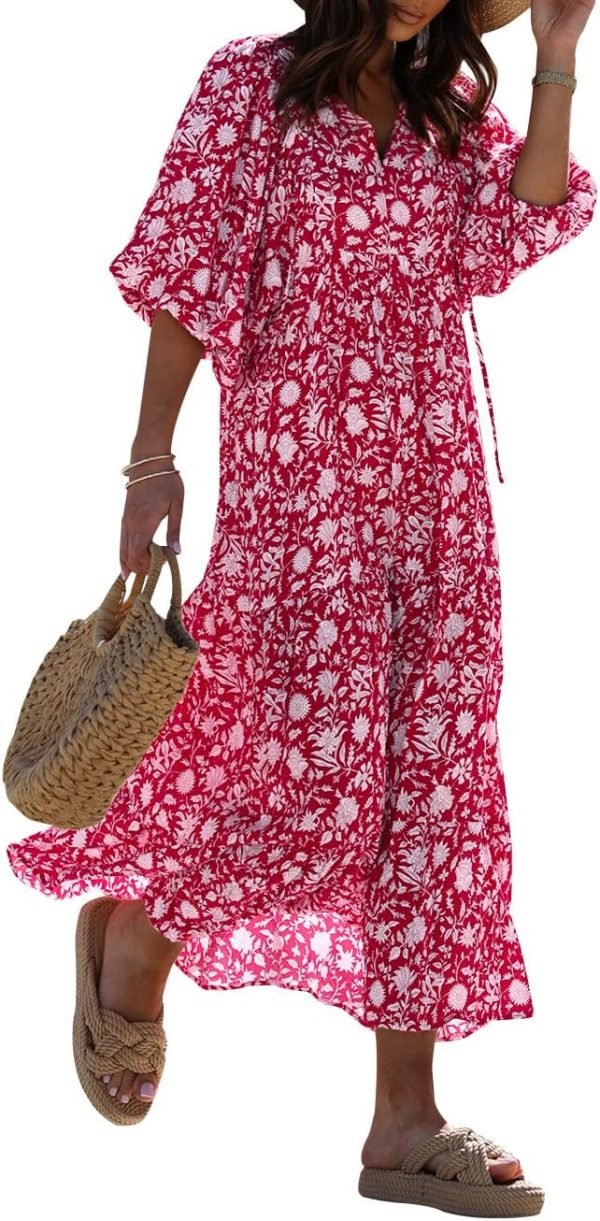 Saonta  Womens Loose Fit Casual Summer V Neck Half Sleeve Bohemian Geometric Pattern Maxi Long Dresses