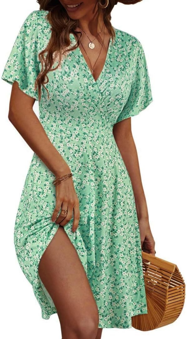 Saonta  Womens Sundress Summer Floral Short Sleeve Wrap V Neck A-Line Midi Dress