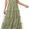 Saonta Womens 2024 Summer Casual Sleeveless Smocked Ruffle Tulle Flowy Beach Sundress