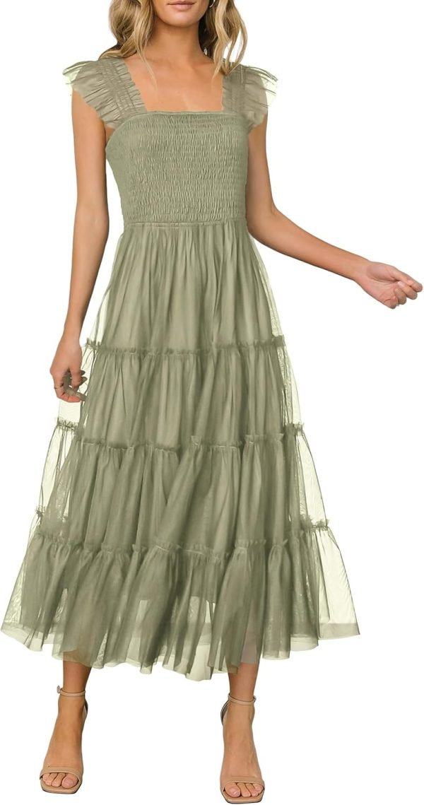 Saonta Womens 2024 Summer Casual Sleeveless Smocked Ruffle Tulle Flowy Beach Sundress