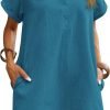 Saonta  Womens Cotton Shirt Dress Summer Casual Short Sleeve Button Down Beach Cover Up Shirts with Pockets