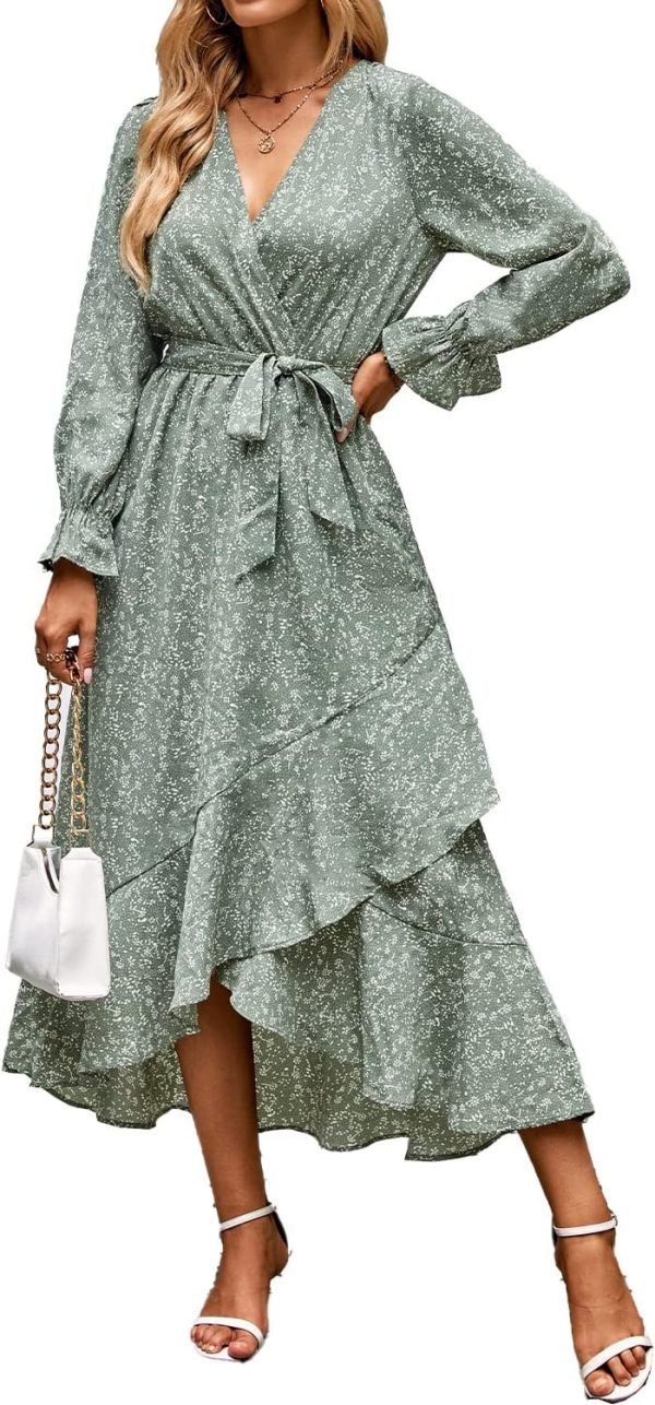 Saonta  Women Long Sleeve Wrap Maxi Dress V Neck Boho Floral High Waist Flowy Ruffle 2024 Spring Summer Dresses with Belt