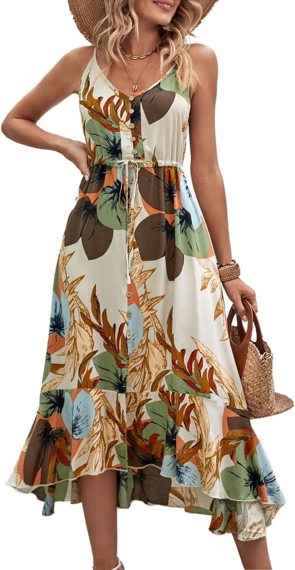 Saonta  Women's 2024 Summer Casual Boho Sundress Polka Dot Spaghetti Strap V Neck Flowy Midi Dresses