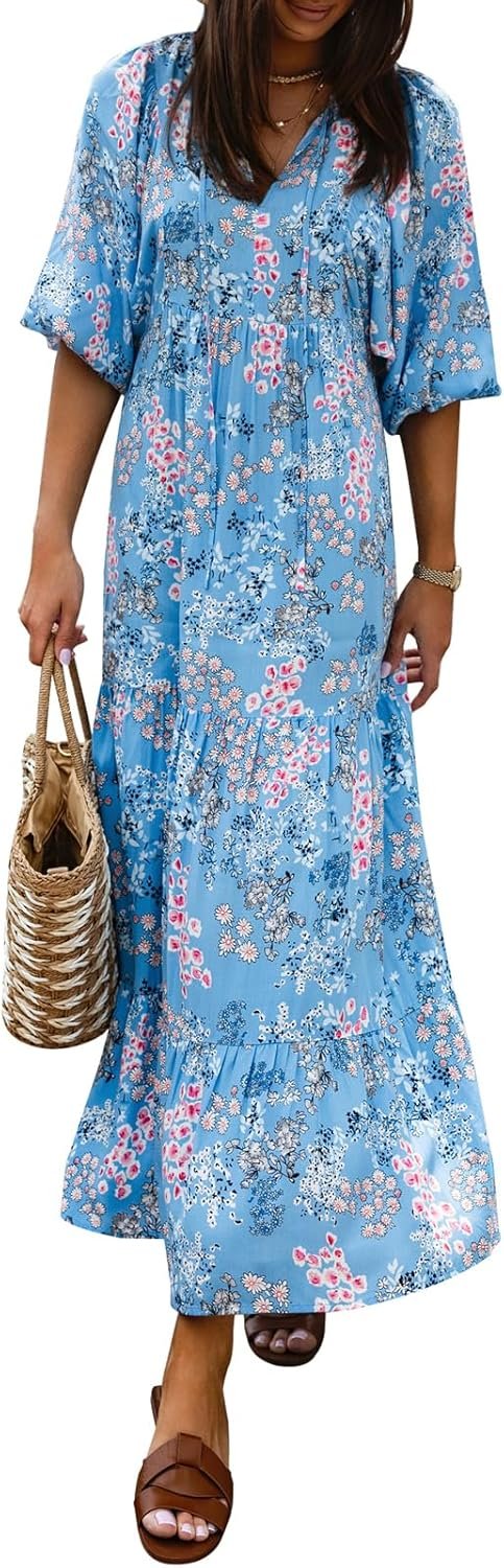Saonta  Womens Loose Fit Casual Summer V Neck Half Sleeve Bohemian Geometric Pattern Maxi Long Dresses