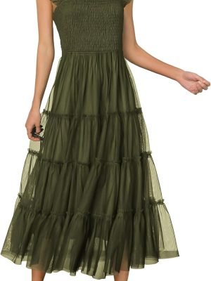 Saonta Womens 2024 Summer Casual Sleeveless Smocked Ruffle Tulle Flowy Beach Sundress