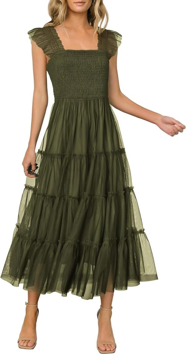 Saonta Womens 2024 Summer Casual Sleeveless Smocked Ruffle Tulle Flowy Beach Sundress