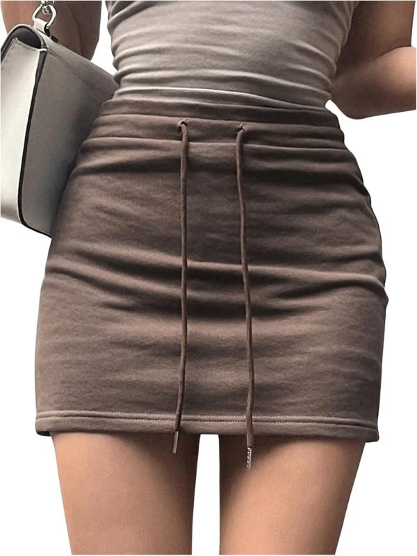 Saonta  Women's Drawstring Waist Bodycon Skirt Skinny Mini Length Casual Plain Skirts
