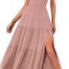 Saonta  Women's Summer One Shoulder Sleeveless Knot Smocked Midi Dress Split Tiered Flowy Dresses