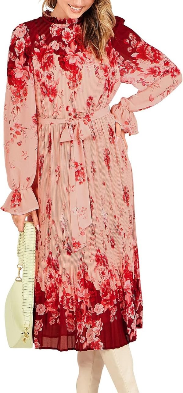 Saonta  Women's Floral Midi Dress Puff Long Sleeve Casual Ruffle Chiffon A-Line Swing Pleated Belted Tea Party Dresses