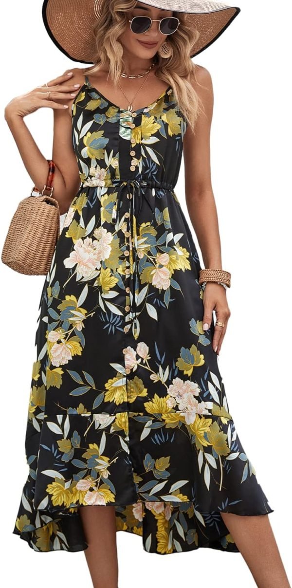 Saonta  Women's 2024 Summer Casual Boho Sundress Polka Dot Spaghetti Strap V Neck Flowy Midi Dresses