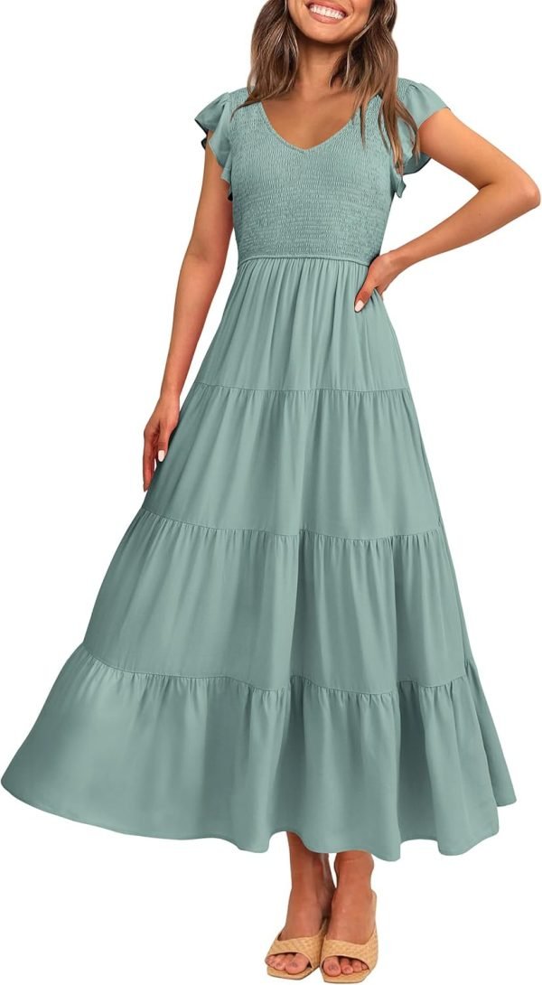 Saonta  Womens Cap Sleeve V Neck Smocked Beach Sundress