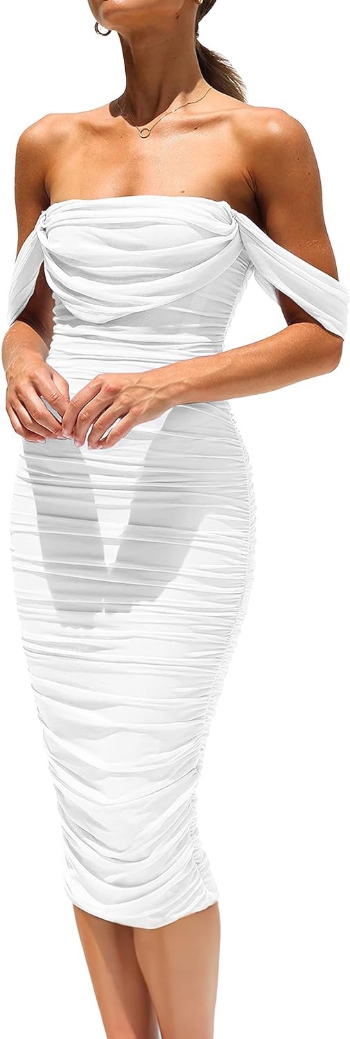 Saonta Womens Summer Off The Shoulder Ruched Bodycon Dresses Sleeveless Fitted Party Club Midi