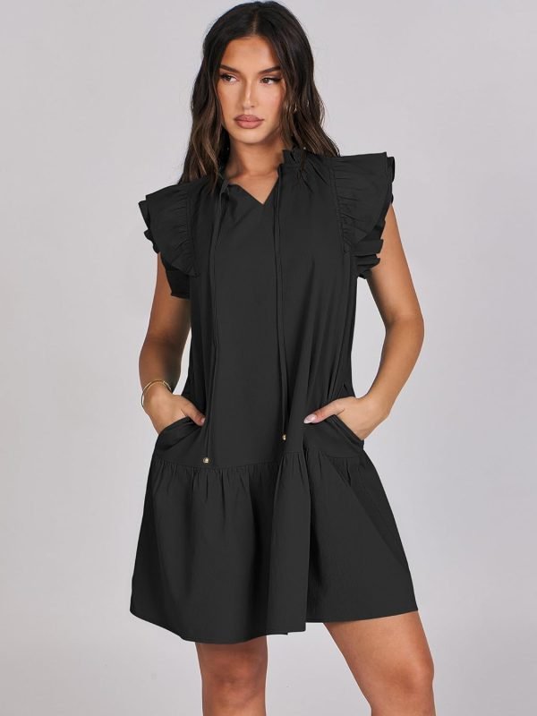 Saonta  Womens Summer V-Neck Drawstring Ruffle Cap Short Sleeve Casual Shift Mini Dress with Pockets