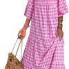 Saonta  Women Boho Maxi Dresses 2024 V Neck Long Puff Sleeve Smocked Ruffle Flowy Casual Dress