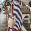 Saonta  Summer Dress Casual Womens Fashion Short Sleeve Maxi Dress T Shirt Dress Striped Long Color Block Maxi Dress
