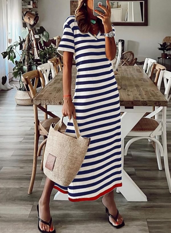 Saonta  Summer Dress Casual Womens Fashion Short Sleeve Maxi Dress T Shirt Dress Striped Long Color Block Maxi Dress