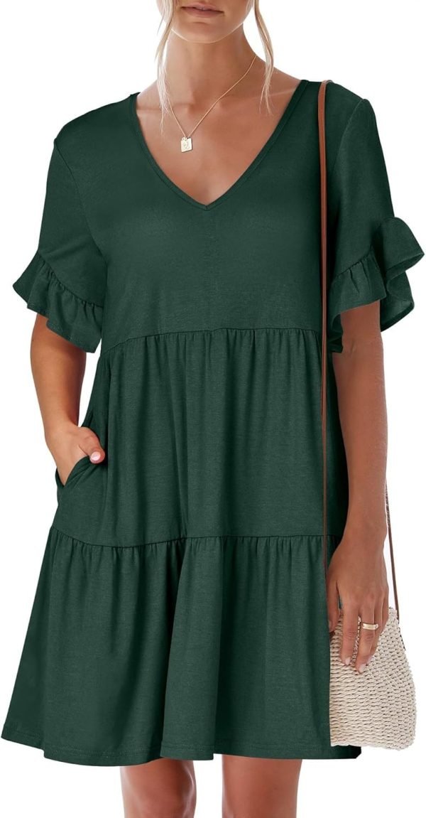 Saonta  Women's 2024 Summer Trendy V Neck Ruffle Short Sleeve A Line Tiered Flowy Casual Mini Beach Dress with Pockets