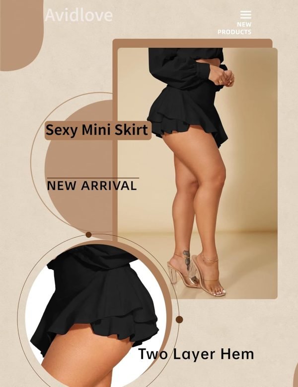 Saonta  Mini Skirt for Women Sexy Solid Ruffle Trim Lingerie Skirt Short High Waist Two Layer Hem Skirt