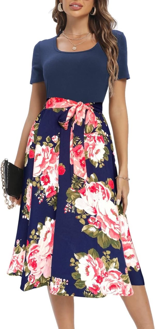 Saonta  Summer Dresses for Women 2024 Short Sleeve Elastic Waist Casual Dresses Ribbed Floral Work Midi Dress with Pockets