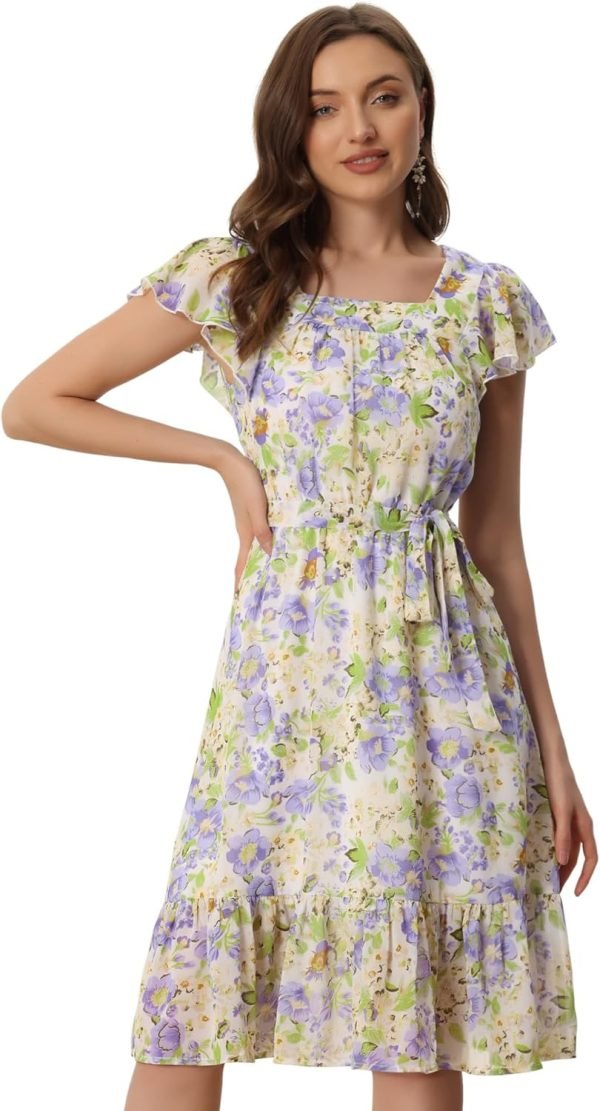 Saonta  K Women's Floral Chiffon Flutter Sleeve Belted Square Neck Ruffled Hem Dress