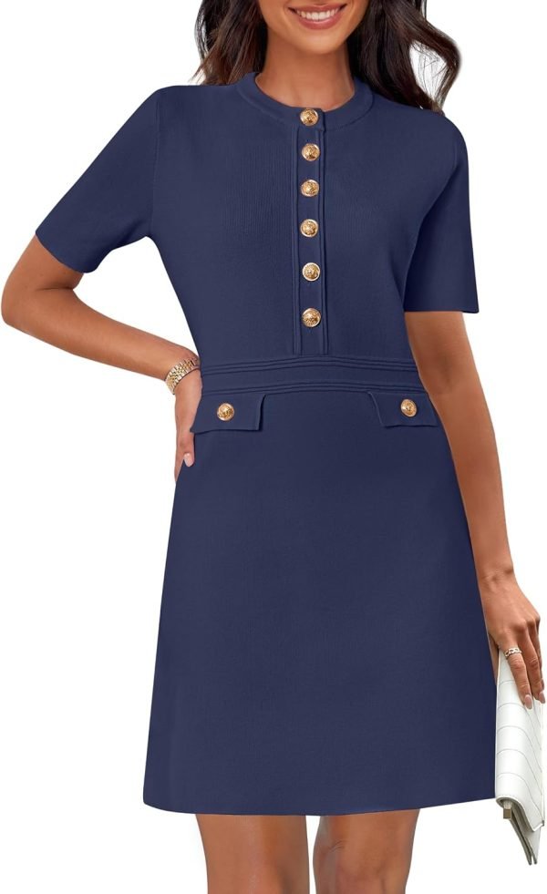 Saonta  Women's Knit Bodycon Sweater Dress Button Short Sleeve Crew Neck Elegant Formal Mini Dress