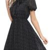 Saonta  Work Dresses for Women 2023 Long Sleeves Chiffon Black Dress Retro Pleated Buttons Down Bow Tie Loose Causal Dresses