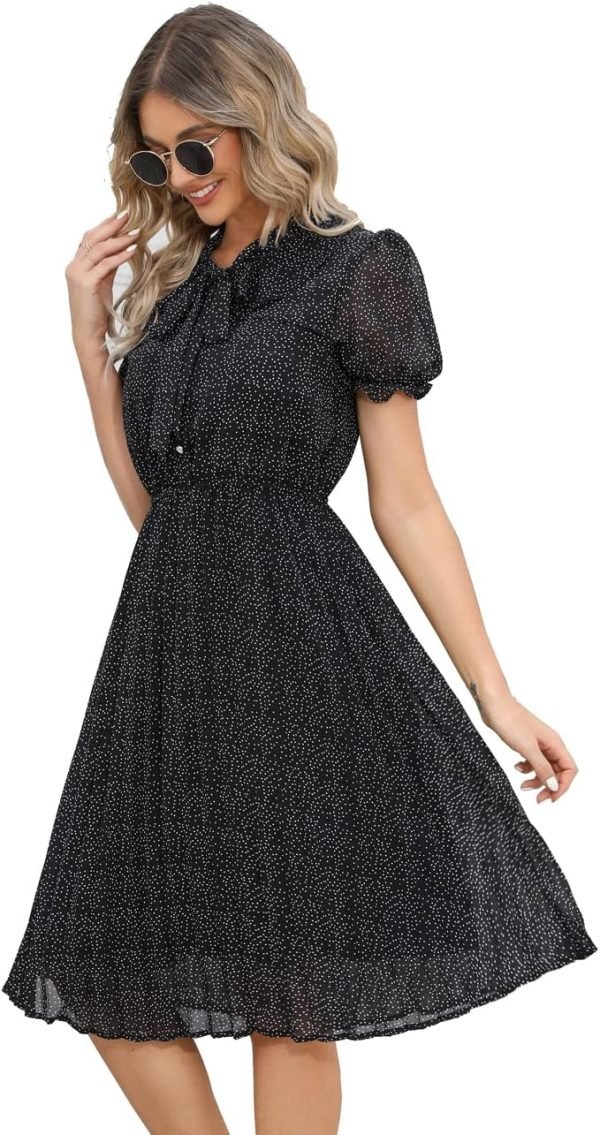 Saonta  Work Dresses for Women 2023 Long Sleeves Chiffon Black Dress Retro Pleated Buttons Down Bow Tie Loose Causal Dresses