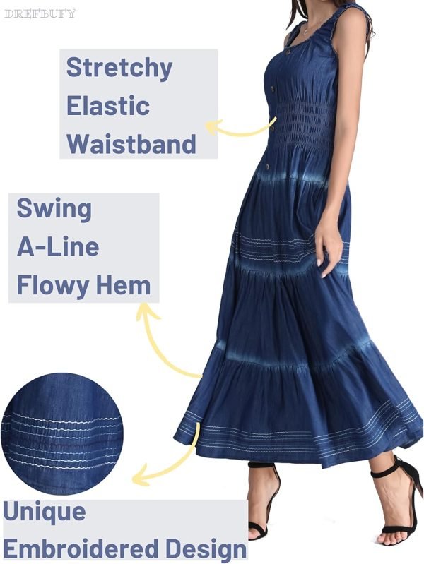 Saonta  Women's Maxi Dress Sleeveless Denim Long Summer A-line Casual Blue Cotton Boho Flowy Sundresses for Women