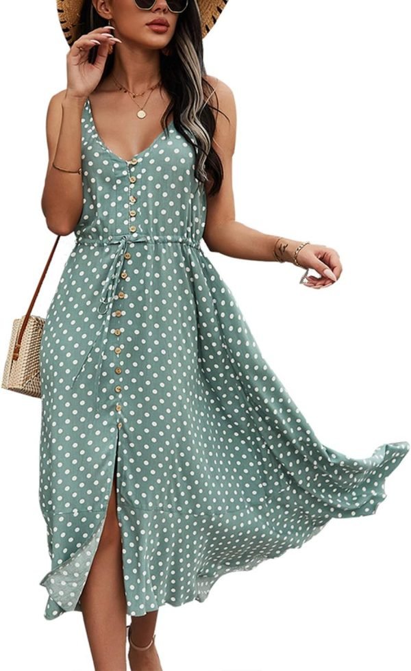 Saonta  Women's 2024 Summer Casual Boho Sundress Polka Dot Spaghetti Strap V Neck Flowy Midi Dresses