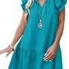 Saonta  Womens Summer V-Neck Drawstring Ruffle Cap Short Sleeve Casual Shift Mini Dress with Pockets