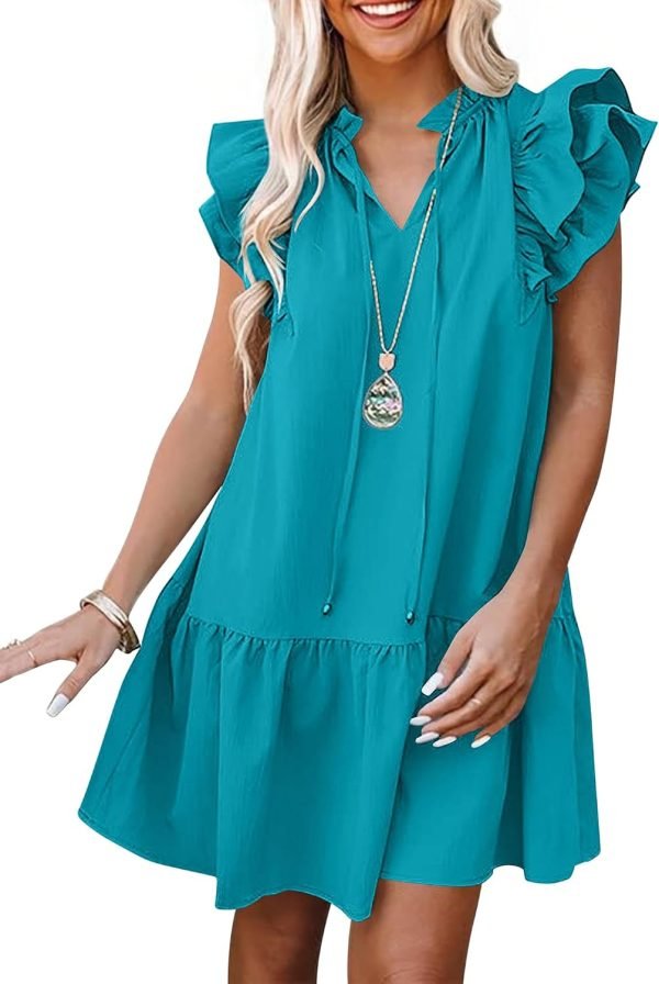 Saonta  Womens Summer V-Neck Drawstring Ruffle Cap Short Sleeve Casual Shift Mini Dress with Pockets