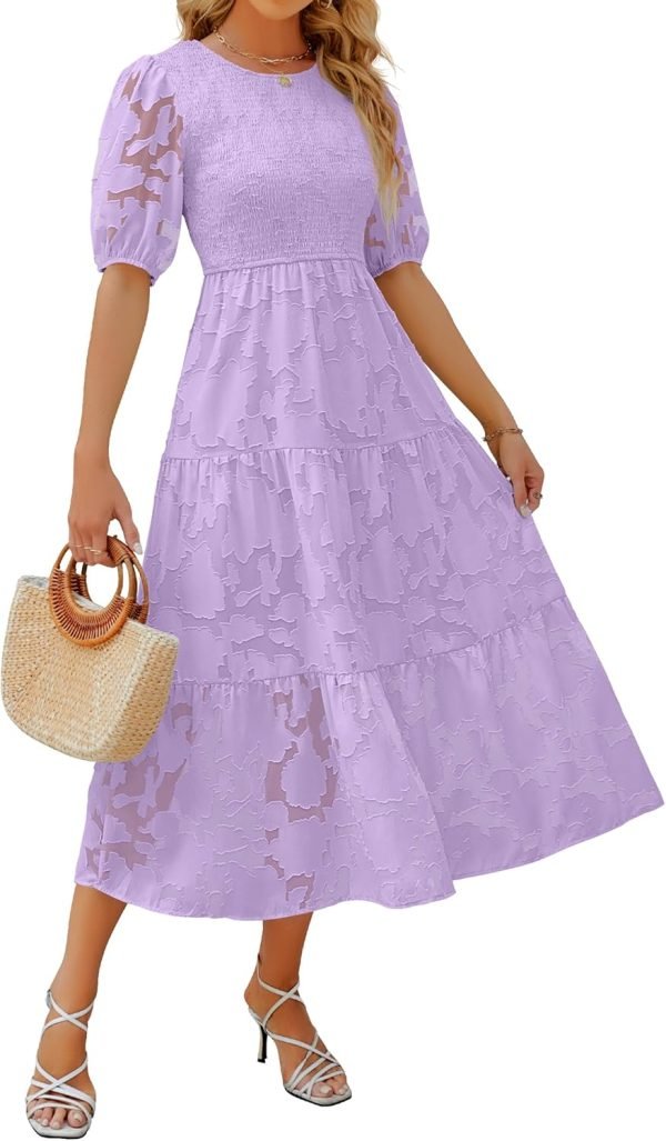 Saonta Women's 2024 Summer Short Puff Sleeve Crewneck Smocked Floral Lace Flowy A Line Tiered Maxi Dresses